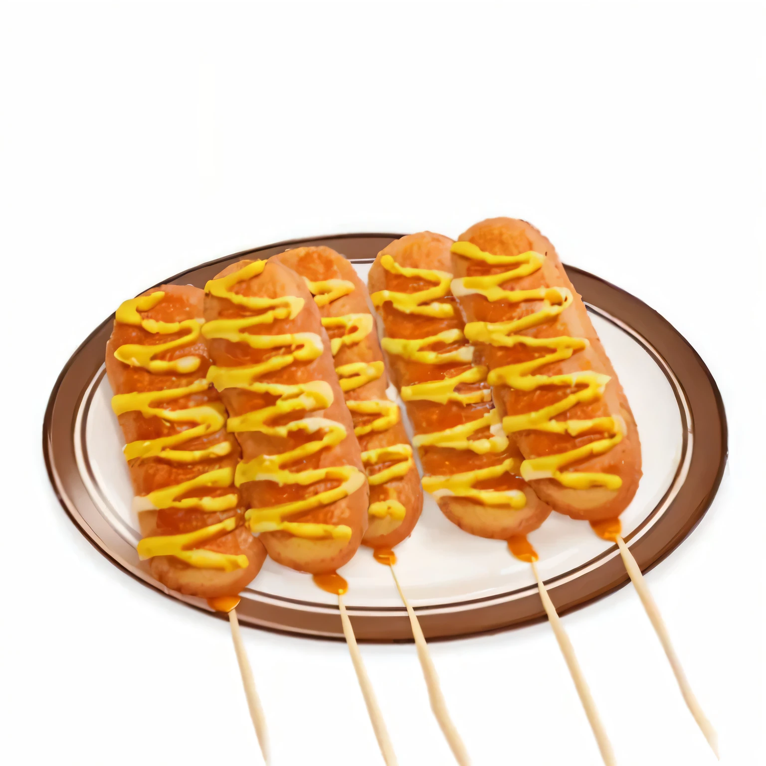 Four donuts with mustard on a plate, string, Grilled skewers, hot dog, hot dog, appetizing, Chicken, Rocket, caramel, sloppy, Okame, What do you do, Trendy food, delicious, sausage, sticky, Very tasty, Taste, vague, shiny, scarecrow, Good Taste, ready to eat, food