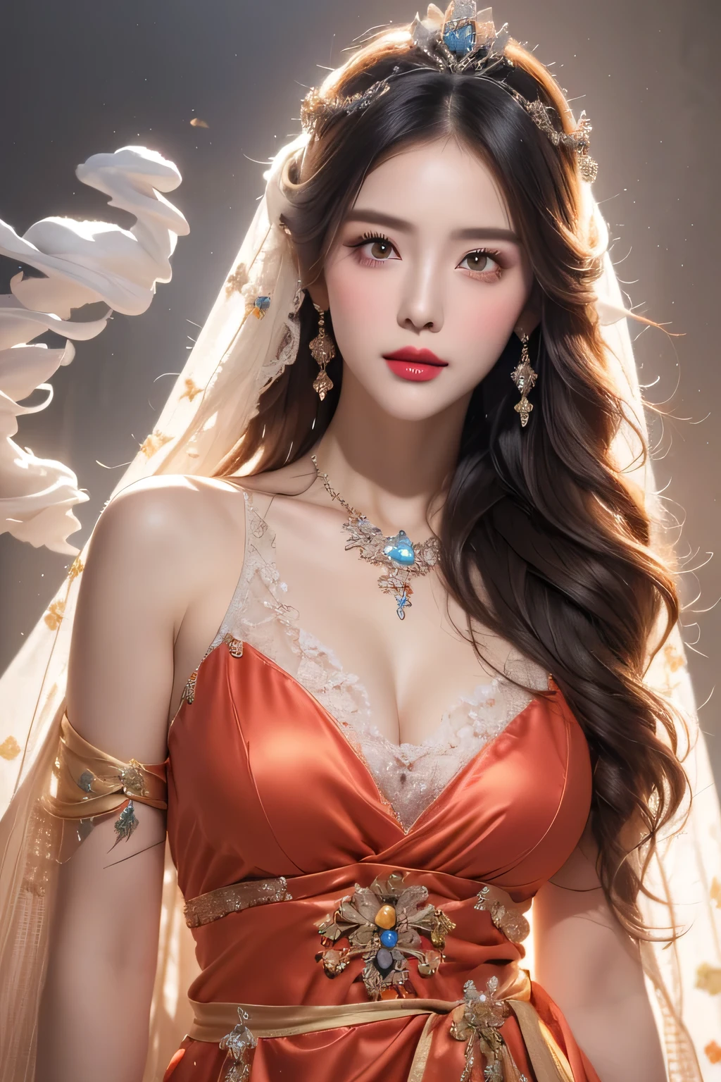 High-quality work,Realistic works,Super premium graphics,8K HD CG works,high quality graphics,High-definition and exquisite CG works,10x pixels,Ultra-fine details:1.1,Advanced technical details:1.1Realistic photo effects,Interior lighting effects:1.5,natural soft light:1.5. Light effect(Virtual light effects:1.8),ultra high resolution,shining dress,sliver long hair,silber hair,transparenthair,high detailed hair(Quality hair details:1.1)Clear eyes,Double eyelids look good,Sharp eye makeup, Create exquisite eyelash makeup, tthin eyebrows, Ultra-detailed eyes,a tall nose, lovely red lips, rosey cheeks, With delicate makeup on her face , pretty face, The face shape is perfectly proportioned,(Advanced facial details:1.1)A beautiful 27-year-old saint, a mature and attractive female saint in a thin silk ao dai, nude on her chest, beautiful face without blemishes, wearing a thin colorful silk dress that see through her breasts, ((( Natural smile:1.0)), ((flat bangs:0.5) ), ((((platinum long hair:0.8))) , big crown, hair brooch, hanfu skirt, fanciful hanfu style, page full body strength, forehead tattoo, super even chest, woman face, pretty and pretty face, ((even porcelain teeth: 0.8), light red lipstick the most beautiful and detailed , super flat huge breasts, (((Thin thin plump lips: 0.3)), ((Yellow eye color: 1.2), Detailed and delicate lighting effects, light and dark, light impression, light fanciful, extremely detailed light, true color, super sharp, realistic, 8k quality, fantasy universe background, saintess and fanciful space, the most detailed image, ((Solo:0.3) )), ((a saintess:0.6)) , ((looks straight at the saint's upper body:0.4)), upper body, ((smooth skin:0.5)), ((holy veil: female:1.2)), ((solo:1.3)), ((alone girl :1.3)), saint portrait, short photo, Body portrait, ((((open mouth:0.6))), Digital Realistic, ((fanciful red smoke effect:1.2)),,Women's artwork,Dress full body video,Realism,Amazing Cleavage,My eyes are very bright today