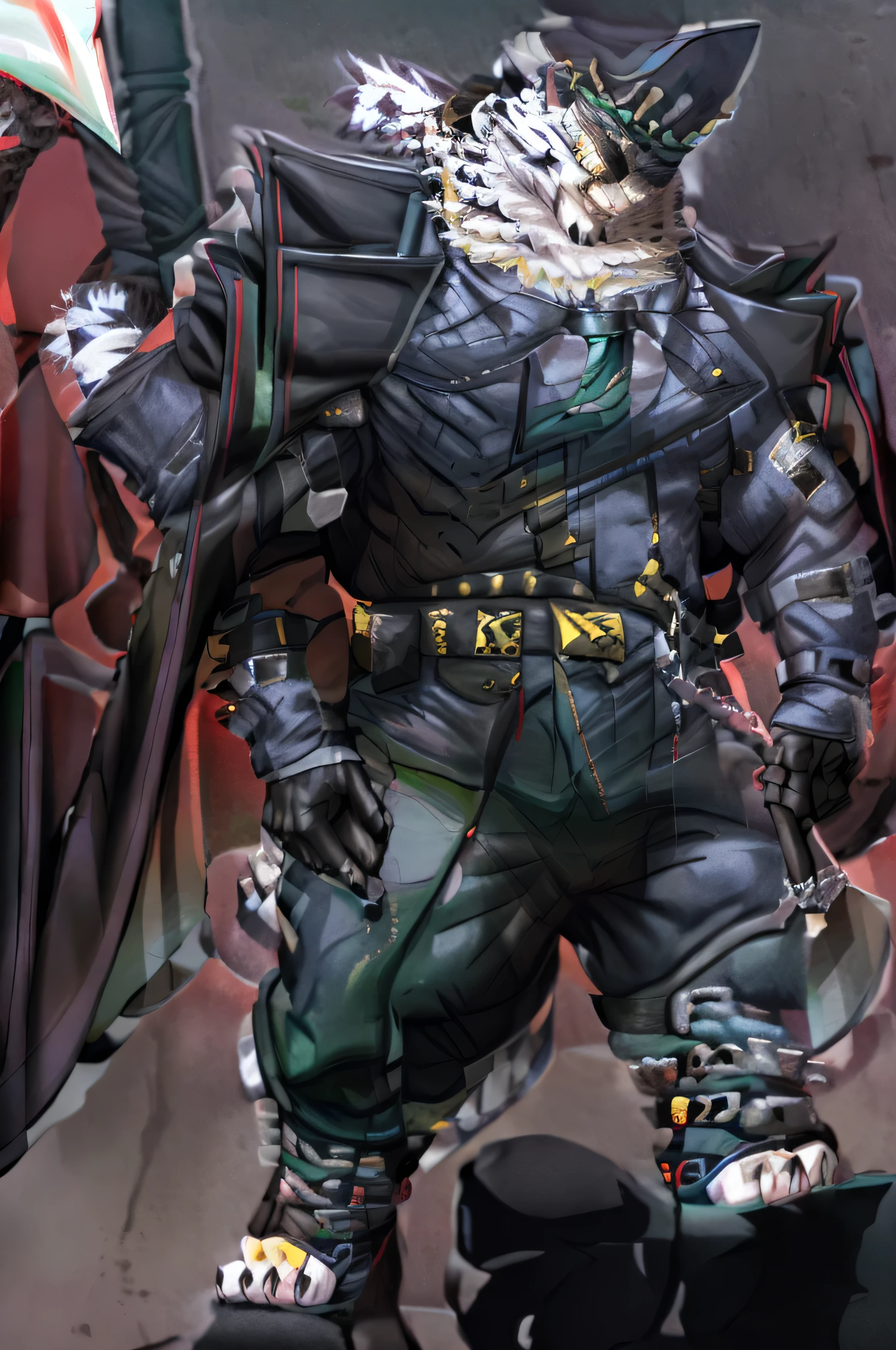 jin qiu, muscular, (posing:1.3), (soft shading), 4k, hi res, five fingers, detailed hands, ((detailed face, (detailed eyes, yellow eyes), detailed)), by zackarry911, by zaush, (by personalami:0.5), simple background, shirt, gloves, long sleeves, 1boy, hat, holding, standing, jacket, full body, white shirt, ponytail, weapon, male focus, necktie, teeth, black gloves, collared shirt, belt, holding weapon, uniform, coat, black headwear, facial hair, fangs, eyepatch, formal, sunglasses, claws, black coat, military hat, toeless legwear, body fur, green necktie, snout, coat on shoulders,