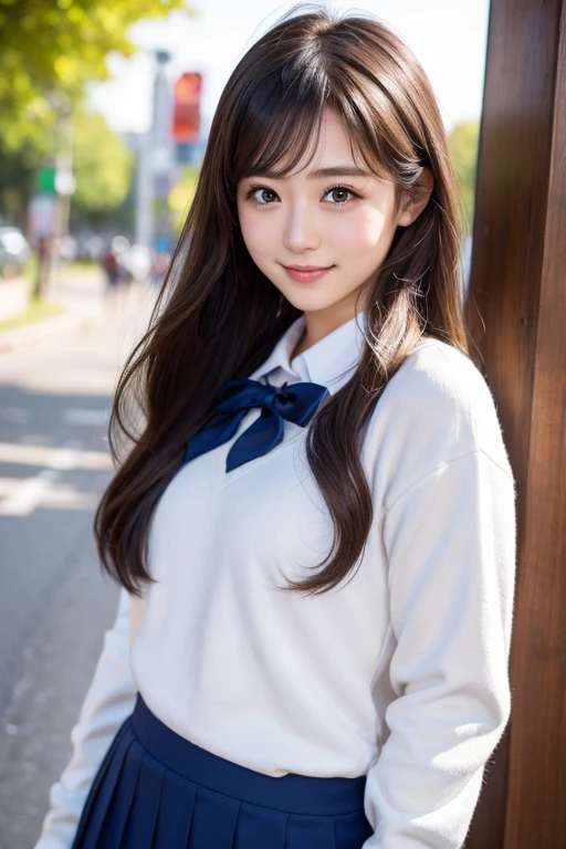 (Cute 15 year old Japanese))、on the road、Highly detailed face、Pay attention to the details、double eyelid、Beautiful thin nose、Sharp focus:1.2、Beautiful woman:1.4、Cute Hairstyles、Pure white skin、Highest quality、masterpiece、Ultra-high resolution、(Realistic:1.4)、Highly detailed and professional lighting、nice smile、Japanese school girl uniform