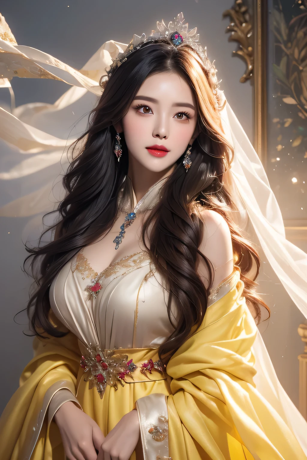 High-quality work,Realistic works,Super premium graphics,8K HD CG works,high quality graphics,High-definition and exquisite CG works,10x pixels,Ultra-fine details:1.1,Advanced technical details:1.1Realistic photo effects,Interior lighting effects:1.5,natural soft light:1.5. Light effect(Virtual light effects:1.8),ultra high resolution,shining dress,sliver long hair,silber hair,transparenthair,high detailed hair(Quality hair details:1.1)Clear eyes,Double eyelids look good,Sharp eye makeup, Create exquisite eyelash makeup, tthin eyebrows, Ultra-detailed eyes,a tall nose, lovely red lips, rosey cheeks, With delicate makeup on her face , pretty face, The face shape is perfectly proportioned,(Advanced facial details:1.1)A beautiful 27-year-old saint, a mature and attractive female saint in a thin silk ao dai, nude on her chest, beautiful face without blemishes, wearing a thin colorful silk dress that see through her breasts, ((( Natural smile:1.0)), ((flat bangs:0.5) ), ((((platinum long hair:0.8))) , big crown, hair brooch, hanfu skirt, fanciful hanfu style, page full body strength, forehead tattoo, super even chest, woman face, pretty and pretty face, ((even porcelain teeth: 0.8), light red lipstick the most beautiful and detailed , super flat huge breasts, (((Thin thin plump lips: 0.3)), ((Yellow eye color: 1.2), Detailed and delicate lighting effects, light and dark, light impression, light fanciful, extremely detailed light, true color, super sharp, realistic, 8k quality, fantasy universe background, saintess and fanciful space, the most detailed image, ((Solo:0.3) )), ((a saintess:0.6)) , ((looks straight at the saint's upper body:0.4)), upper body, ((smooth skin:0.5)), ((holy veil: female:1.2)), ((solo:1.3)), ((alone girl :1.3)), saint portrait, short photo, Body portrait, ((((open mouth:0.6))), Digital Realistic, ((fanciful red smoke effect:1.2)),,Women's artwork,Dress full body video,Realism,Amazing Cleavage,My eyes are very bright today