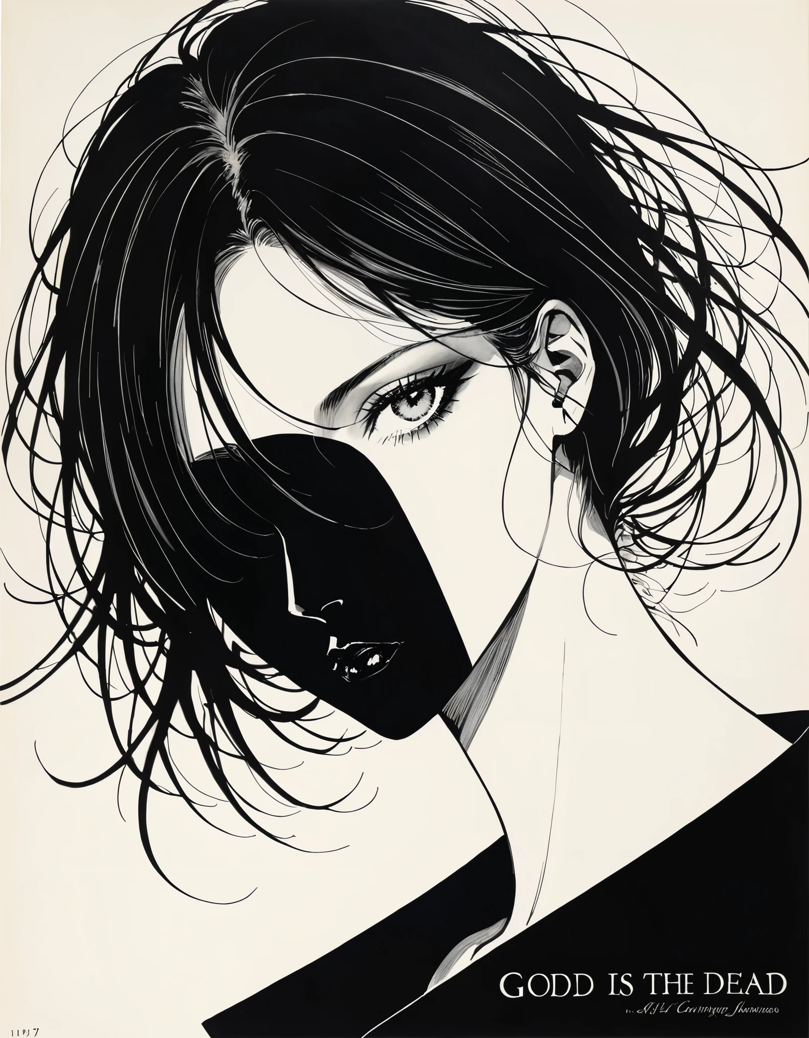 in style of Hans Hartung,in style of Henrietta Harris 1girl {with the text:"GoD IS DEAD":1.4},captivating gaze,