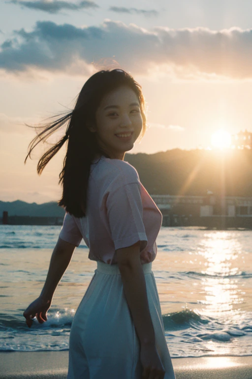 best quality,masterpiece,Ultra-high resolution,(Reality:1.4),original photo,light,
1 Girl,Smile,Backlight,ocean,