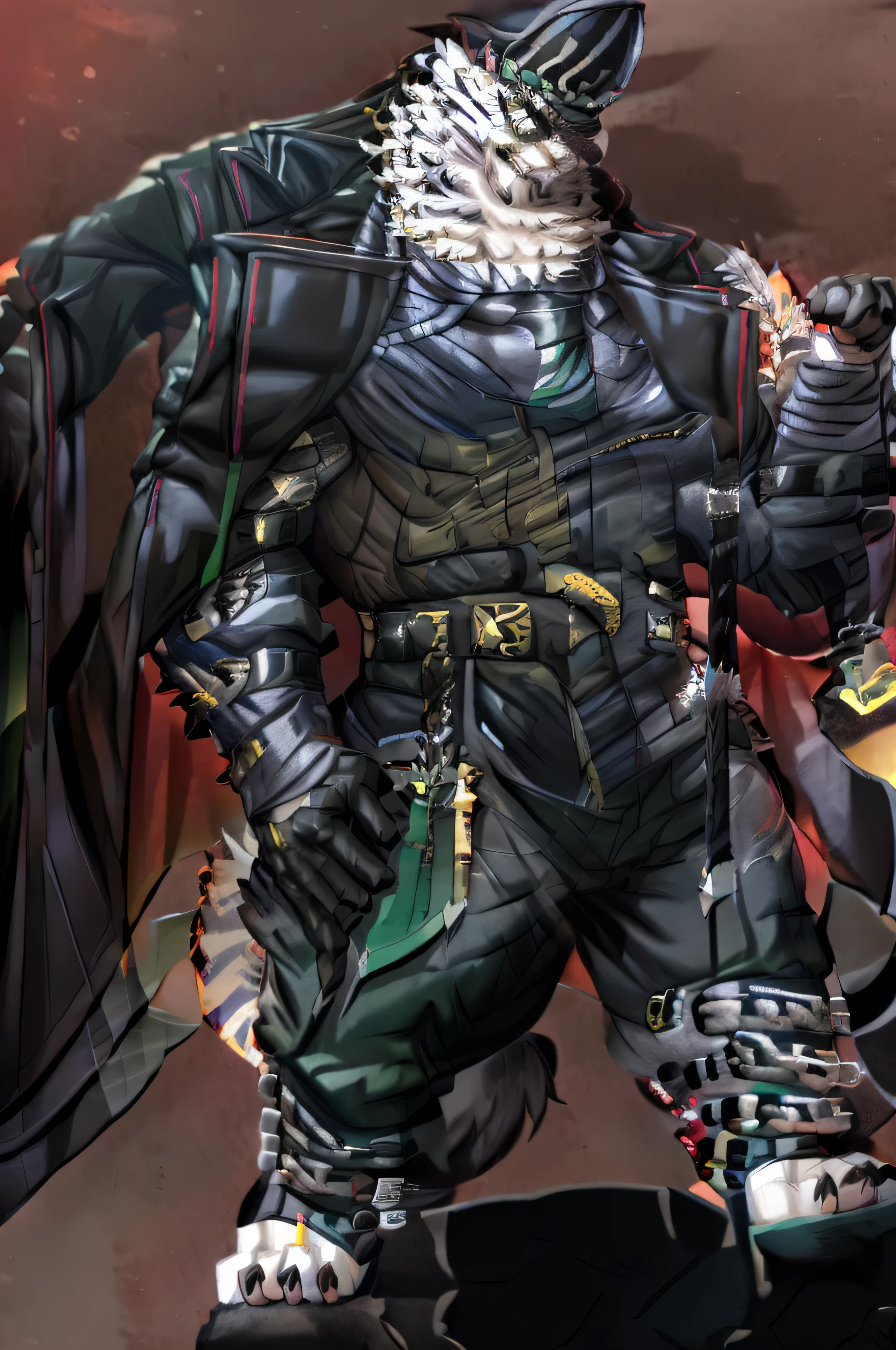 jin qiu, muscular, (posing:1.3), (soft shading), 4k, hi res, five fingers, detailed hands, ((detailed face, (detailed eyes, yellow eyes), detailed)), by zackarry911, by zaush, (by personalami:0.5), simple background, shirt, gloves, long sleeves, 1boy, hat, holding, standing, jacket, full body, white shirt, ponytail, weapon, male focus, necktie, teeth, black gloves, collared shirt, belt, holding weapon, uniform, coat, black headwear, facial hair, fangs, eyepatch, formal, sunglasses, claws, black coat, military hat, toeless legwear, body fur, green necktie, snout, coat on shoulders,