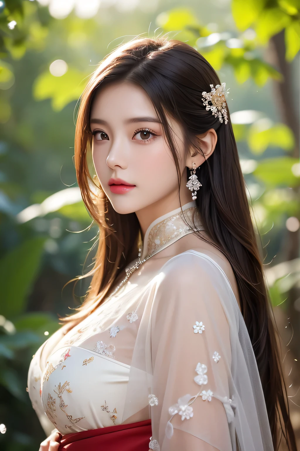 High-quality work,Realistic works,Super premium graphics,8K HD CG works,high quality graphics,High-definition and exquisite CG works,10x pixels,Ultra-fine details:1.1,Advanced technical details:1.1Realistic photo effects,Interior lighting effects:1.5,natural soft light:1.5. Light effect(Virtual light effects:1.8),ultra high resolution,shining dress,sliver long hair,silber hair,transparenthair,high detailed hair(Quality hair details:1.1)Clear eyes,Double eyelids look good,Sharp eye makeup, Create exquisite eyelash makeup, tthin eyebrows, Ultra-detailed eyes,a tall nose, lovely red lips, rosey cheeks, With delicate makeup on her face , pretty face, The face shape is perfectly proportioned,(Advanced facial details:1.1)Gilded Chinese Palace,looki at viewer,depth of fields,bokeh dof,light falling,((A MILF))、pregnant woman、Red dress transparent lingerie、one-girl、Red shirt、a black skirt、huge-breasted、 with brown eye、(long whitr hair、brunette color hair、Very straight hair:1.4、hime-cut:1.4)、Earrings necklace、pouty、 A picture、tmasterpiece、top-quality、NFFSW、A high resolution、realistic detail、glistning skin、Mature figure、Plump body、crisp breasts、perfect bodies、wide waist、Extremely colorful、looking at viewert、hyper realisitc、From the front side、watercolor paiting、Traditional media、(color difference、intricately details)、dynamicposes、dynamic ungle、 40k、NFFSW、A high resolution、From the angle from below、ancient Chinese costume、Ancient Chinese hairstyle、Upward hairstyle、The whole body is dressed in white silk cloth、(Close-up of raindrops in the air, Capture the world with raindrops, Distorted reflections, refracted light, The microscopic world inside each droplet, Miniature landscape, inverted image, Ethereal beauty, pause moments, translucent sphere, Distorted reality, Kaleidoscope view, Natural lenses, A glimpse of the present, Miniature world, Raindrop Symphony, Natural interoperability, ,Women's artwork,Dress full body video,Realism,Amazing Cleavage,My eyes are very bright today