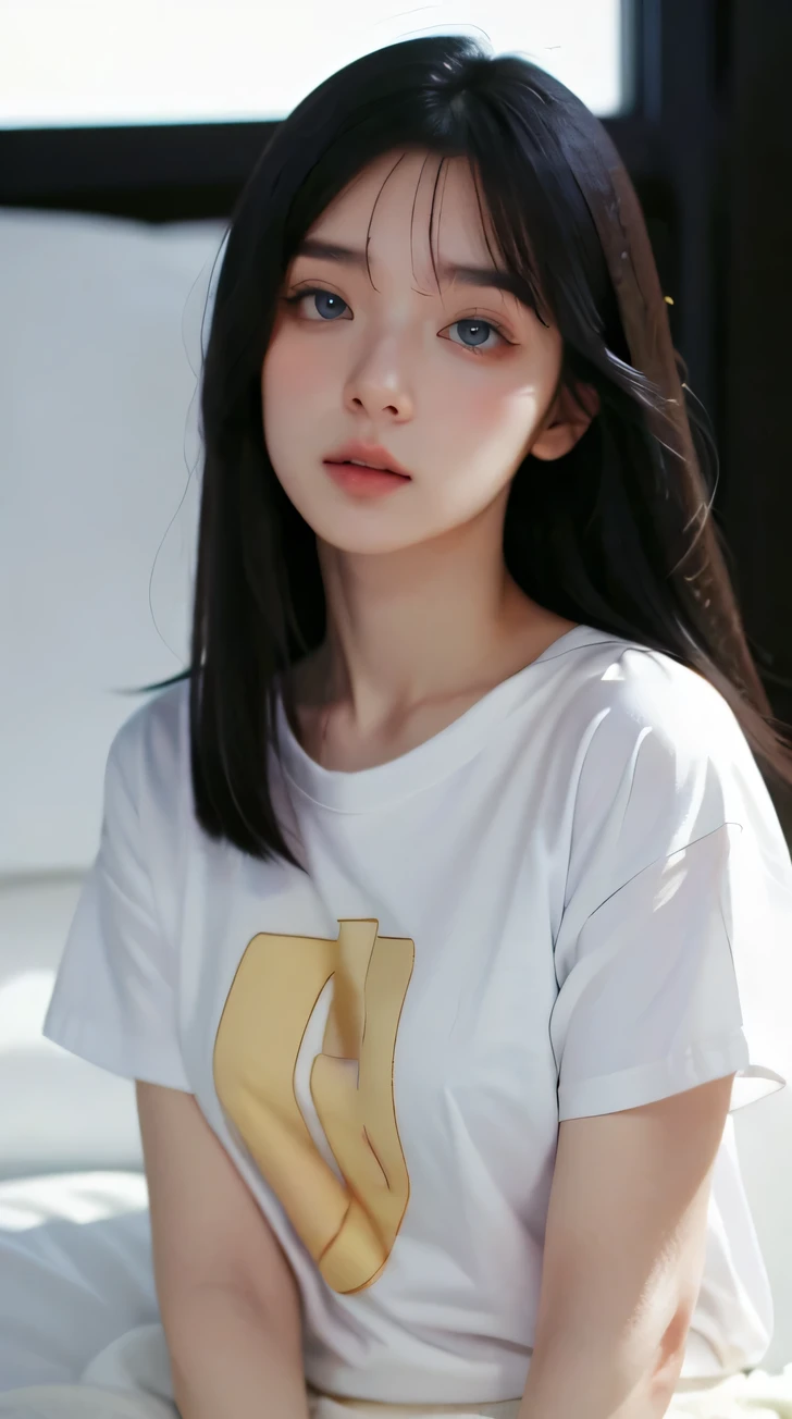 (masuter piece:1.3)、(8K、Photorealsitic、Raw photography、top-quality: 1.4)、(1girl in)、beautiful expression、(Lifelike face),
Beautiful hairstyle、realisticeyes、Beautiful details、(real looking skin)、Beautiful skins、absurderes、enticing、超A high resolution、A hyper-realistic、high-detail、the golden ratio、oversize tshirt, white panties, early morning, wakeup