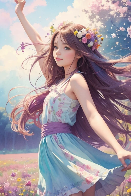 A whimsical girl with long, flowing hair made of flowers, dancing in a field of vibrant colors. Rendered in a dreamy, watercolor style.