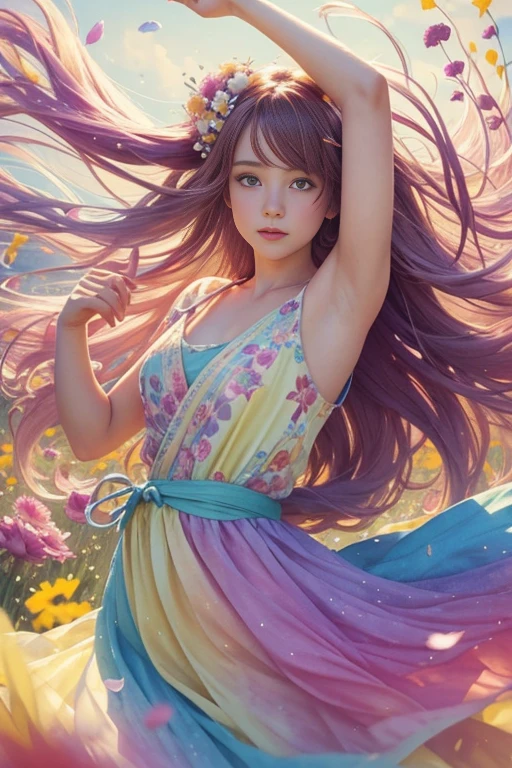 A whimsical girl with long, flowing hair made of flowers, dancing in a field of vibrant colors. Rendered in a dreamy, watercolor style.