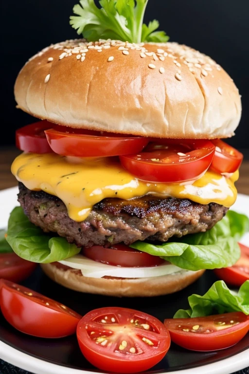 succulent and very tall burger with tomato, queso, lots of lettuce, little onion, meat, served on black plate