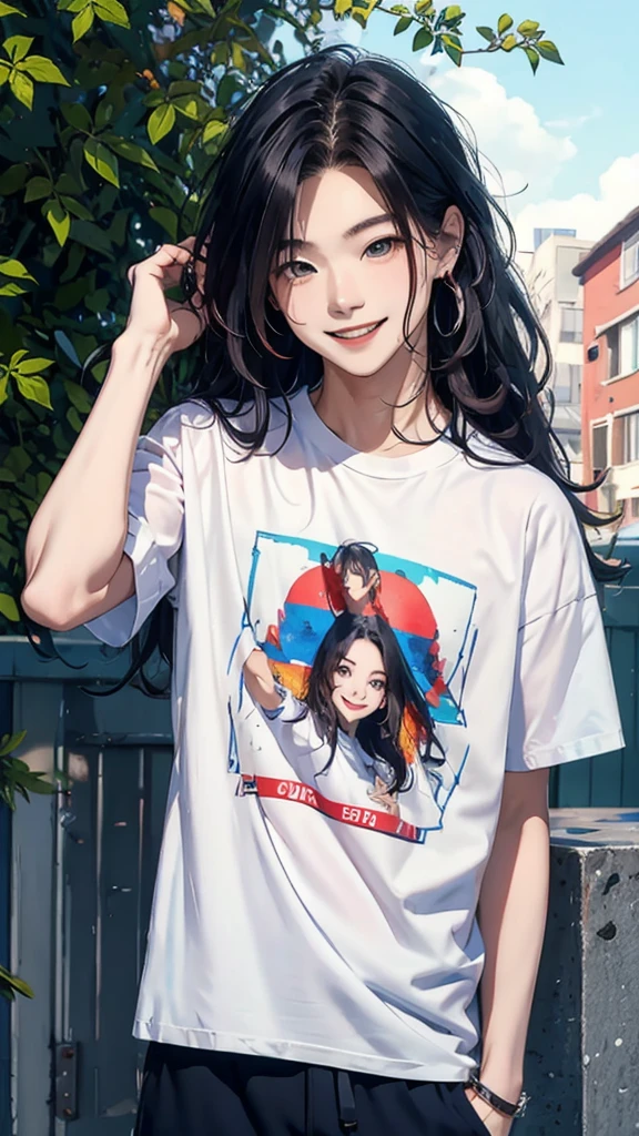 masterpiece, Highest quality, , Colorful Hair, Outdoor, Upper Body,Wearing a T-shirt and pants,Long Hair,Smiling