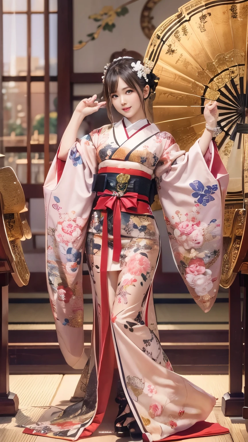 (sexy Japanese traditional dress), (banquet hall,, traditional Japanese party room:1.5), The background is a gold folding screen, doaxvv_Marie Rose, One girl, Maiko, slim body, huge bouncing busts, Black choker, Japanese traditional fan in hand, Dance with your arms wide open, 超High resolution, retina, masterpiece, Accurate, Anatomically correct, Textured skin, Super Detail, Attention to detail, high quality, 最high quality, High resolution, 4K