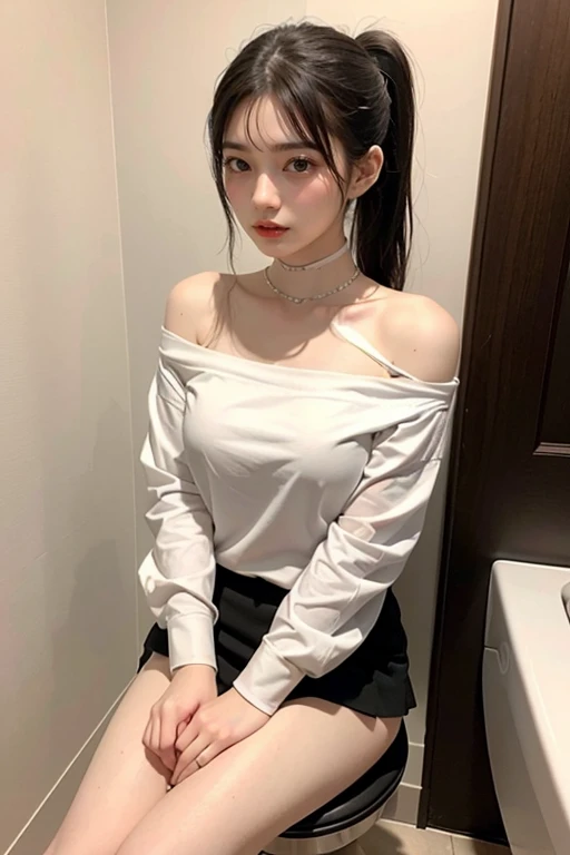 korean woman, seating on toilet, showing hip, thick thigh, urinating, public toilet, pull down panties, best quality, 4k, ponytail hair, smoking, 18years old, pale skin, off shoulder shirt, neckless