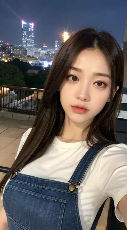 ((midnight, best quality, 8K, masterpiece :1.3)), whole body, Long legs, Clear focus :1.2, Beautiful woman with perfect body :1.4, Slim abdominal muscles :1.1, ((Dark brown hair, Large Breasts :1.2)), (White Tight T-shirt, Overalls Jeans, permanent:1.2), ((City night scene, roof:1.3)), Highly detailed face and skin textures, Delicate eyes, Double eyelids