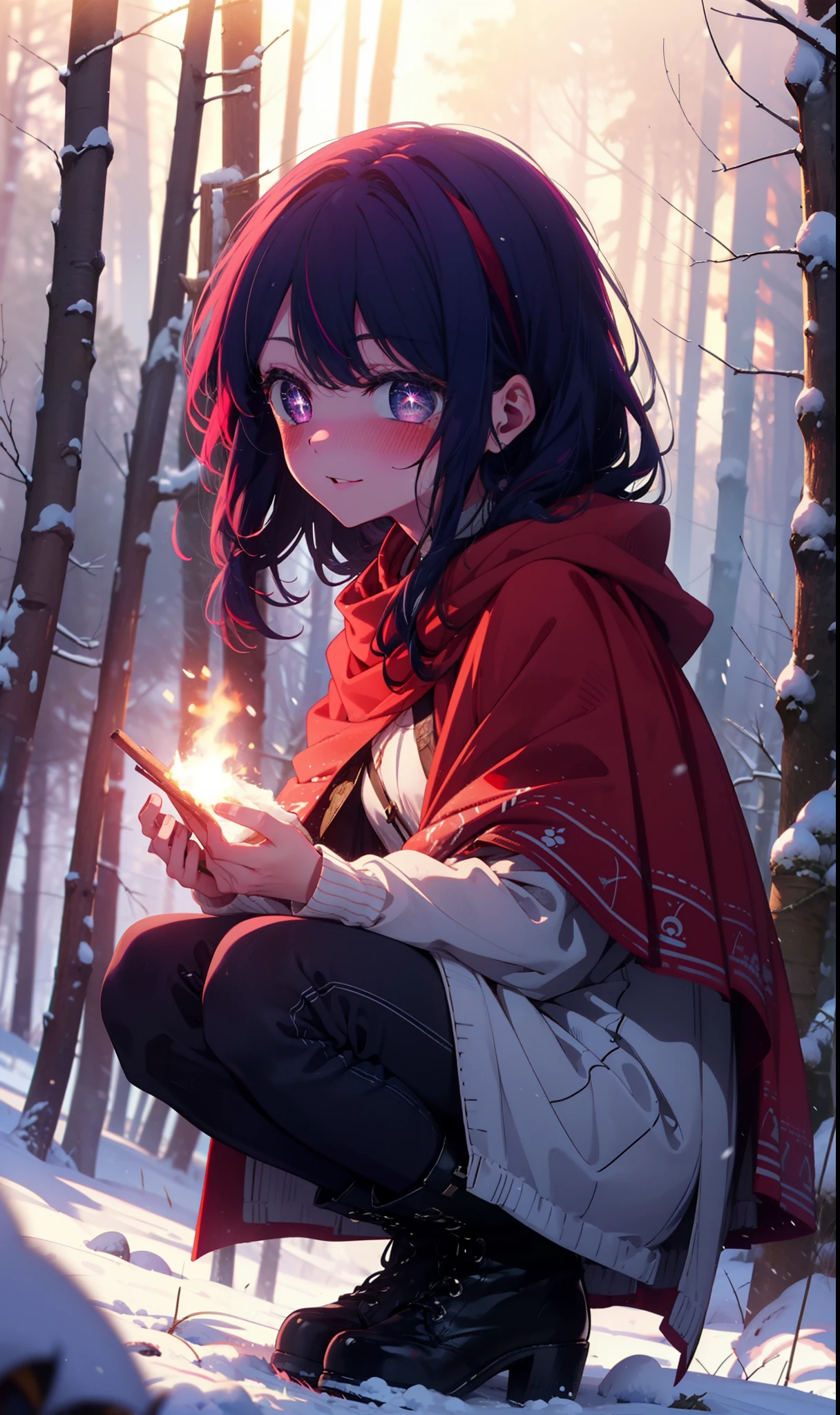 aihoshino, Ai Hoshino, Long Hair, bangs, (Purple eyes:1.1), Purple Hair, (Symbol-shaped pupil:1.5), smile,,smile,blush,white breath,
Open your mouth,snow,Ground bonfire, Outdoor, boots, snowing, From the side, wood, suitcase, Cape, Blurred, , forest, White handbag, nature,  Squat, Mouth closed, Cape, winter, Written boundary depth, Black shoes, red Cape break looking at viewer, Upper Body, whole body, break Outdoor, forest, nature, break (masterpiece:1.2), Highest quality, High resolution, unity 8k wallpaper, (shape:0.8), (Beautiful and beautiful eyes:1.6), Highly detailed face, Perfect lighting, Extremely detailed CG, (Perfect hands, Perfect Anatomy),