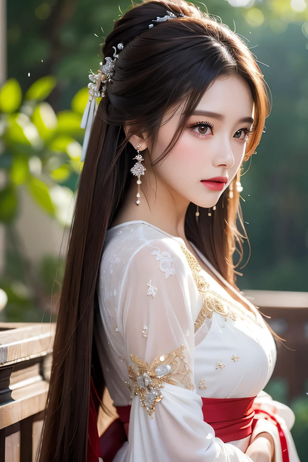 High-quality work,Realistic works,Super premium graphics,8K HD CG works,high quality graphics,High-definition and exquisite CG works,10x pixels,Ultra-fine details:1.1,Advanced technical details:1.1Realistic photo effects,Interior lighting effects:1.5,natural soft light:1.5. Light effect(Virtual light effects:1.8),ultra high resolution,shining dress,sliver long hair,silber hair,transparenthair,high detailed hair(Quality hair details:1.1)Clear eyes,Double eyelids look good,Sharp eye makeup, Create exquisite eyelash makeup, tthin eyebrows, Ultra-detailed eyes,a tall nose, lovely red lips, rosey cheeks, With delicate makeup on her face , pretty face, The face shape is perfectly proportioned,(Advanced facial details:1.1)Gilded Chinese Palace,looki at viewer,depth of fields,bokeh dof,light falling,((A MILF))、pregnant woman、Red dress transparent lingerie、one-girl、Red shirt、a black skirt、huge-breasted、 with brown eye、(long whitr hair、brunette color hair、Very straight hair:1.4、hime-cut:1.4)、Earrings necklace、pouty、 A picture、tmasterpiece、top-quality、NFFSW、A high resolution、realistic detail、glistning skin、Mature figure、Plump body、crisp breasts、perfect bodies、wide waist、Extremely colorful、looking at viewert、hyper realisitc、From the front side、watercolor paiting、Traditional media、(color difference、intricately details)、dynamicposes、dynamic ungle、 40k、NFFSW、A high resolution、From the angle from below、ancient Chinese costume、Ancient Chinese hairstyle、Upward hairstyle、The whole body is dressed in white silk cloth、(Close-up of raindrops in the air, Capture the world with raindrops, Distorted reflections, refracted light, The microscopic world inside each droplet, Miniature landscape, inverted image, Ethereal beauty, pause moments, translucent sphere, Distorted reality, Kaleidoscope view, Natural lenses, A glimpse of the present, Miniature world, Raindrop Symphony, Natural interoperability, ,Women's artwork,Dress full body video,Realism,Amazing Cleavage,My eyes are very bright today