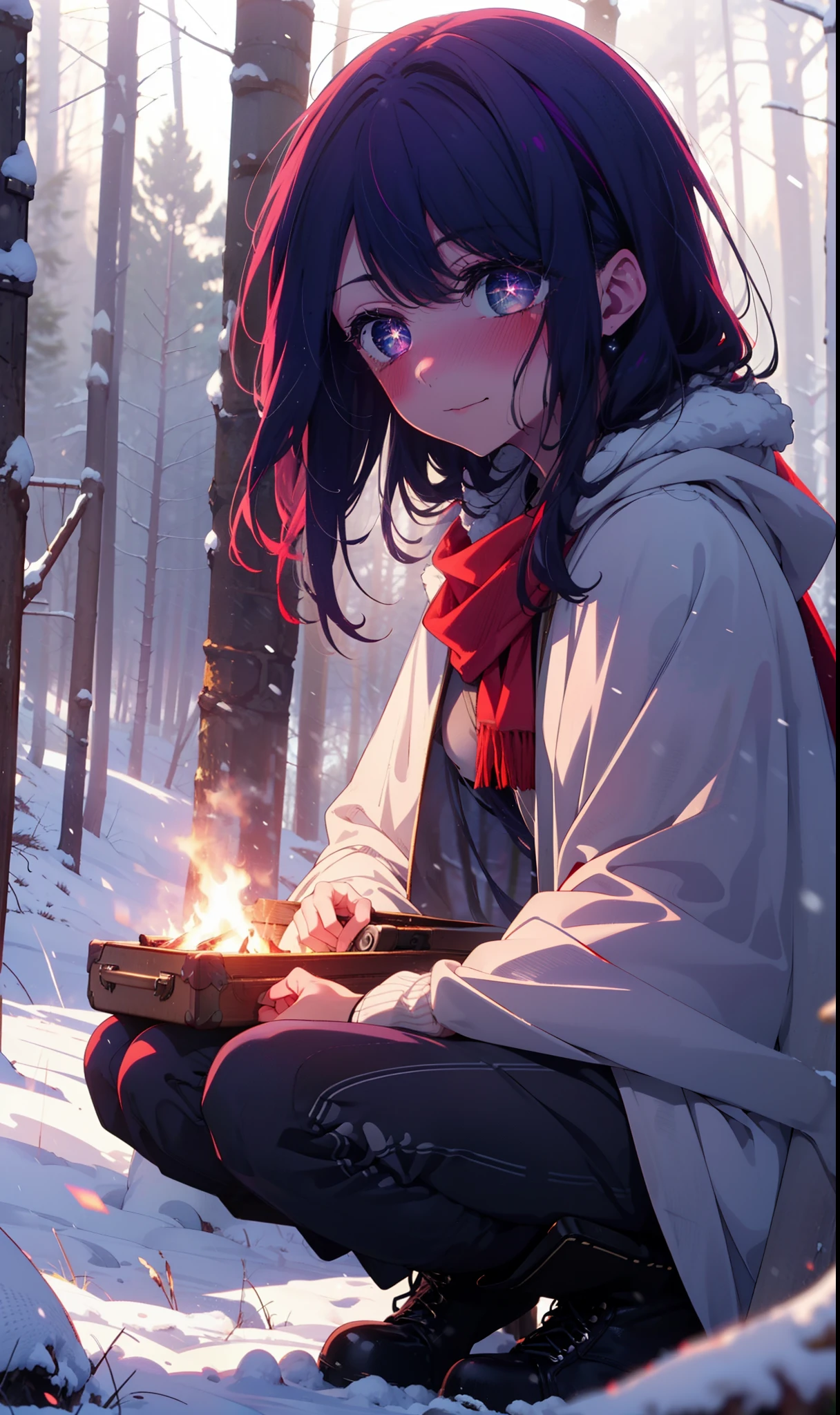 aihoshino, Ai Hoshino, Long Hair, bangs, (Purple eyes:1.1), Purple Hair, (Symbol-shaped pupil:1.5), smile,,smile,blush,white breath,
Open your mouth,snow,Ground bonfire, Outdoor, boots, snowing, From the side, wood, suitcase, Cape, Blurred, , forest, White handbag, nature, Squat, Mouth closed, Cape, winter, Written boundary depth, Black shoes, red Cape break looking at viewer, Upper Body, whole body, break Outdoor, forest, nature, break (masterpiece:1.2), Highest quality, High resolution, unity 8k wallpaper, (shape:0.8), (Beautiful and beautiful eyes:1.6), Highly detailed face, Perfect lighting, Extremely detailed CG, (Perfect hands, Perfect Anatomy),