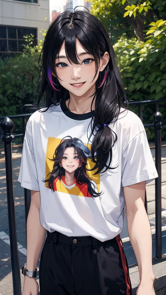 masterpiece, Highest quality, , Colorful Hair, Outdoor, Upper Body,Wearing a T-shirt and pants,Long Hair,Smiling