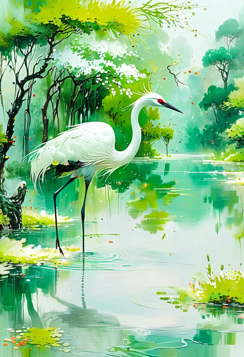 An immortal crane floats in the background of water and trees, abstract painting style, emmanuelle moureaux, traditional Chinese landscape, light white and light green, Ultra HD images, abstract Impressionism, motion blurred panorama