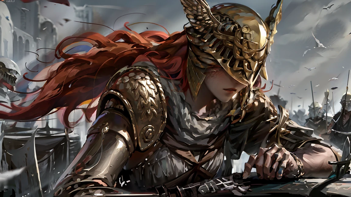 1 girl,female,female only,Helmet,light-skinned female, sexy body, Very detailed face, emphasis on small details, slim, prosthetic,One,a sword, very beautiful, battlefield, the field is strewn with bodies and bones, a swordи воткнуты в землю, spears stuck in the ground,