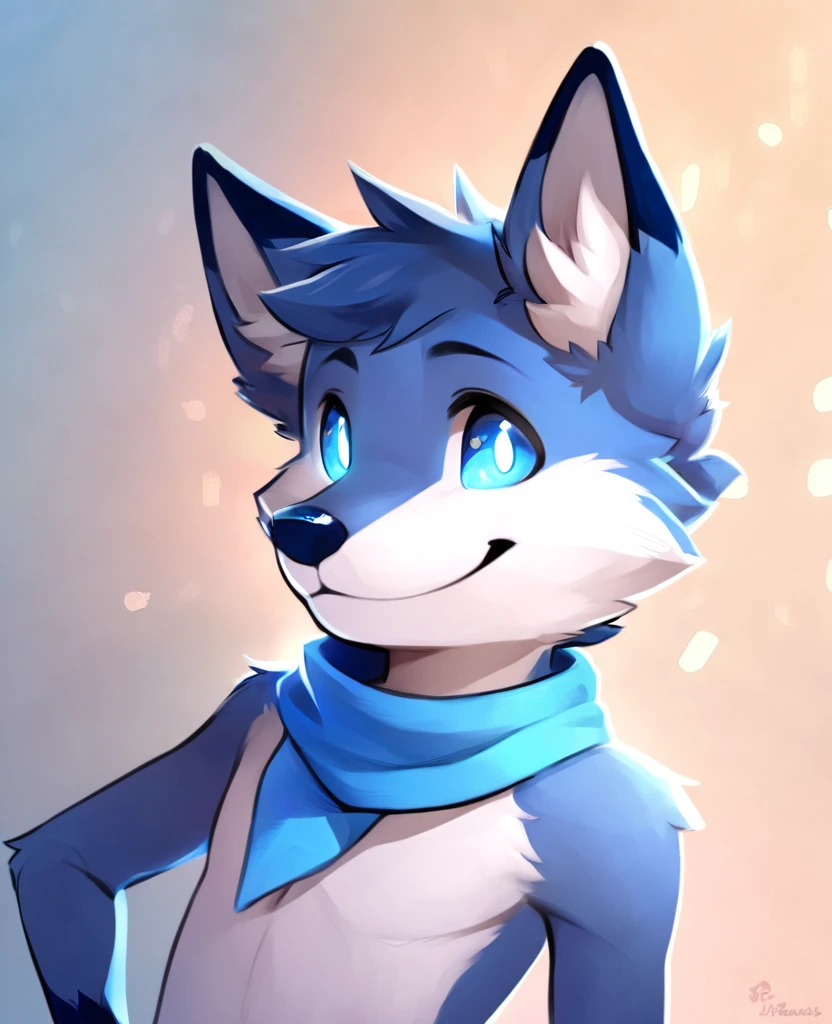 furry male, furry, solo, animal ears, 1boys, tail, blue hair, half body, white fur, body fur, two-tone fur, short hair, blue fox ears, head down,, animal nose, fox tail, blue fur, blue scarf, hand on own hip,smile,blue glowing fox eyes