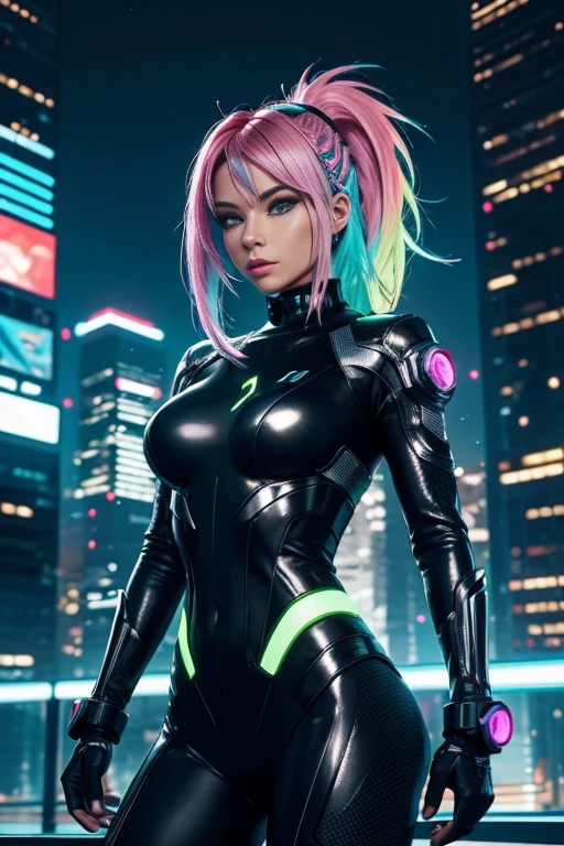 A futuristic girl with metallic skin and glowing neon hair, surrounded by a bustling cityscape. Rendered in a sleek, digital style.