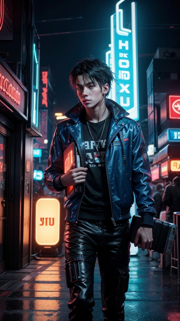 A realistic, 4K image of a young DJ holding an open suitcase filled with money. The scene is set in a cyberpunk style, with vibrant blue and red lighting. The DJ is dressed in futuristic clothing, and the background features neon signs and a bustling cityscape. The overall aesthetic should be gritty and high-tech, capturing the essence of a cyberpunk world.