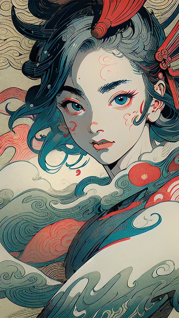 (((masterpiece, highest quality))),,(((solo:1.2))),(((1girl:1.2))),32k wallpaper, very detailed, poster, vintage science fiction,(((((portfolio))))),(((((Close-up))))),(((((bust up))))),((((more various angle)))),((((highlight)))),((((heterochromia)))),(((complete. detailed face))),(((detailed unlimited complete equipment : rail gun))),(((((Absolutely Realistic Clouds background))))),(((Texture for people : halftone))),((Open your mouth wide)),(((((Wind God and Thunder God))))),(((((Ukiyo-e)))))