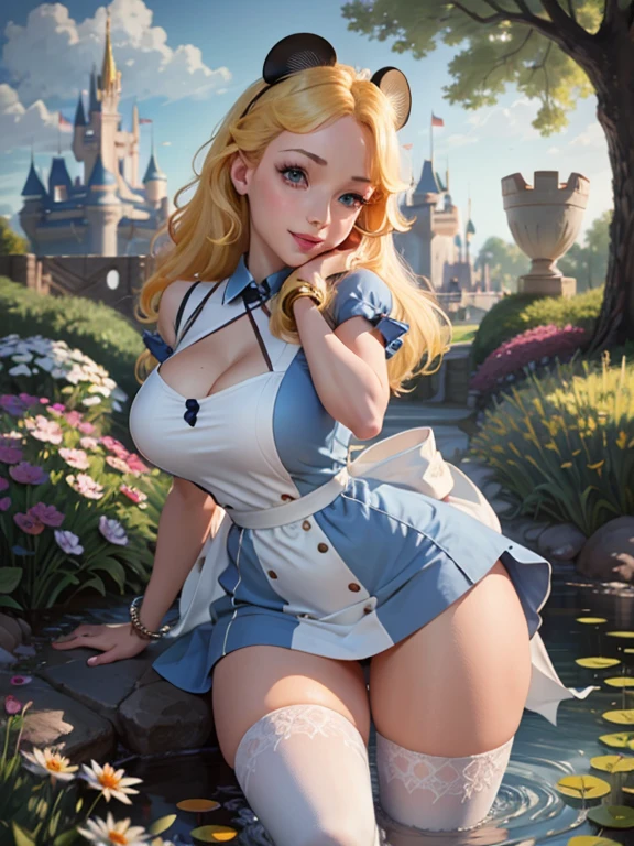 (masterpiece), (Best Quality), (extremely detailed), alicia lidell, Very short blue dress White apron, black headband, blond hair, Long white socks up to the legs, linda pose sexy y sensual, in a flower garden, (pond), (((Disney castle in the background))), (blue sky), (sunny day), 3D. illustration, Good highlights, perfect proportions, dynamic, professional, awarded, (very detailed skin), (Very detailed face), photorealistic, HdR, ultra high resolution, absurdities, perfect body shape, Nice smile, big breasts, very big buttocks, Wide hips, very sexy,