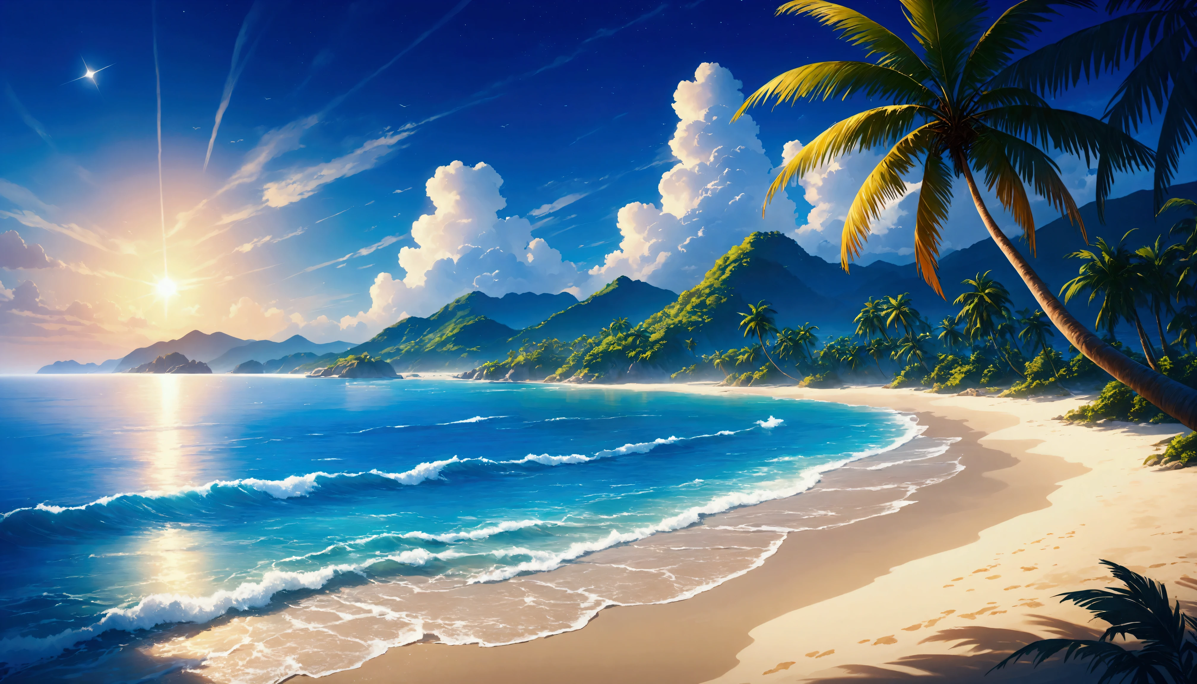 Tropical beaches,Palm tree,Open Sea,Xia Yun,Highest quality, 8k, High resolution, masterpiece:1.2, Very detailed, Realistic:1.37, High resolution, 超High resolution, Very detailed, Professional, Vibrant colors