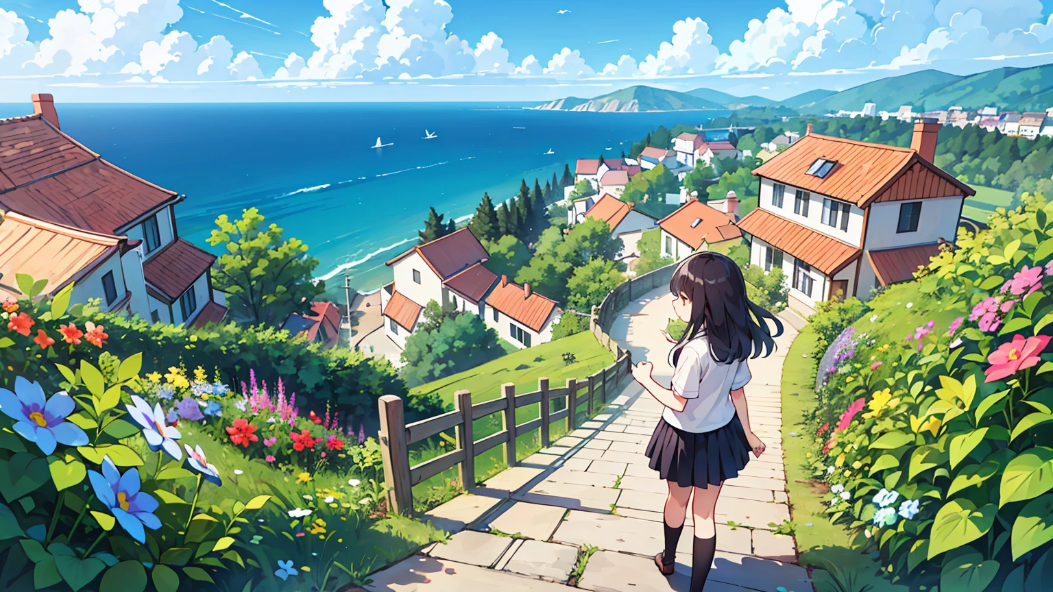 (masterpiece, best quality),1 woman, long hair, perfection of fashion, whole body, from behind,open sea,calm,400 meters up the hill,Downhill road to the beach,clean sky,Clumping clouds, ,skirt,relaxed,A small village seen at the end of the road,looking at the village,The roads are full of flowers,view from the hill,back,Walking down,The gaze is straight ahead, The refreshing feeling of the wind