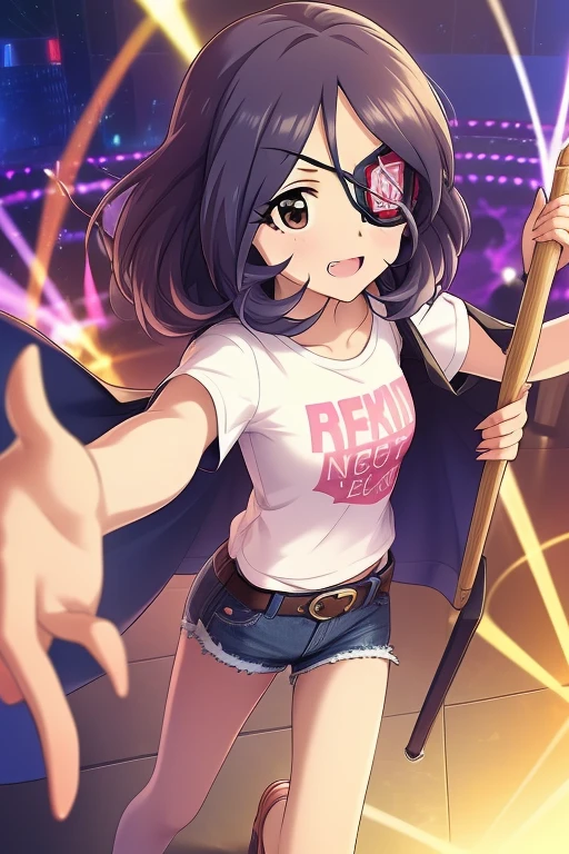 Hayasaka Mirei,purple hair,multicolored hair,fang,brown eyes,short hair,eyepatch,white shirt,Denim shorts,shorts rolled,belt