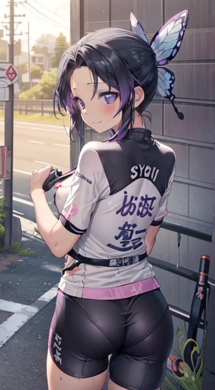 (((nsfw))), Nipples, kochou shinobu, (((((Road bike))))), (((Cycling Shorts, Cycling shirts))), (((((bicycleに乗る))))), ((((((Road bikeに跨る)))))), , whole body, boost mood, Ultra-realistic 8K CG,masterpiece,, ((Highly detailed background,Delicate pattern,Intricate details, Fine and beautiful eyes)),The best quality in the best condition,とてもとてもとても詳細なface, Highly detailed eyesとface,Highly detailed eyes,kochou shinobu,Multicolored Hair,No bangs,Hair Intake,, Purple eyes,,butterfly,band,(熱band庭園:1.2),Purple Flower,mostly cloudy null,Tyndall effect,slope_null,face,beautiful null,,Seductive posture,(Cleavage:1.3), woman,,Road bike,No underwear, cute, (((Cycling Shorts))),,Laughing with your mouth open, ((Sweat))(See through),((bicycle)),((Black Hair)),blush,((Recall))(Sweatで濡れた)Reflecting the buttocks,bicycleのスパッツ, Mountain