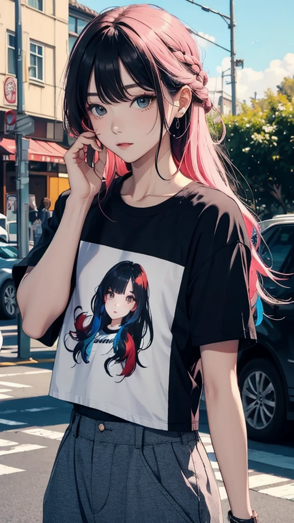 masterpiece, Highest quality, , Colorful Hair, Outdoor, Upper Body,Wearing a T-shirt and pants,Long Hair