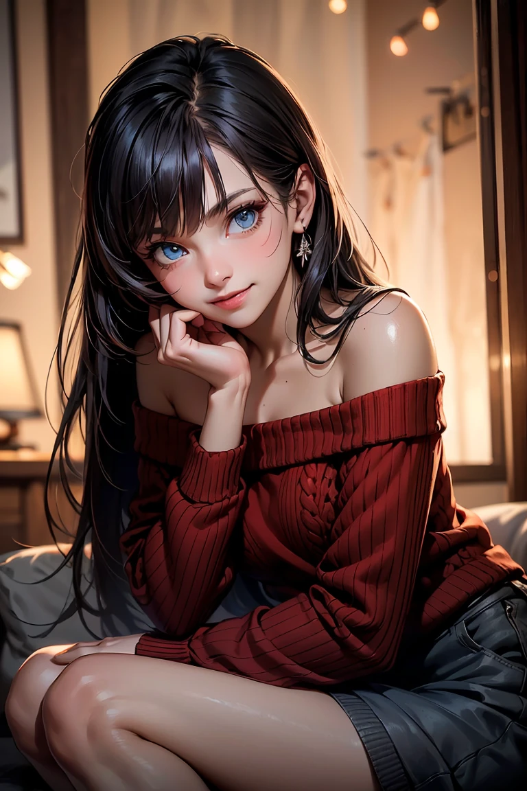 masterpiece, best quality, high resolution, Extremely detailed, Smile, A woman with long dark hair and bangs, Light blue eyes, A beautiful girl looking at the camera, Front view, ((Off-shoulder light red sweater,)) Bare Legs, night, Warm indoor room, Image illuminated by small lights, Depth of Field, (Half Body: 0.6),