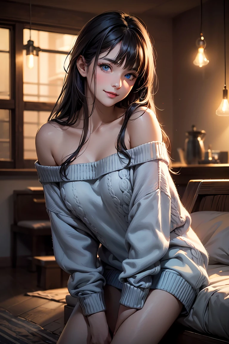 masterpiece, best quality, high resolution, Extremely detailed, Smile, A woman with long dark hair and bangs, Light blue eyes, A beautiful girl looking at the camera, Front view, ((Off-shoulder light red sweater,)) Bare Legs, night, Warm indoor room, Image illuminated by small lights, Depth of Field, (Half Body: 0.6),