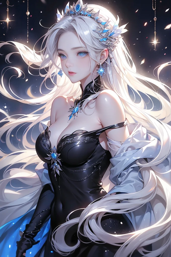 ((1 girl, 独奏:1.5, alone))Night view,star,(White Haired Girl:1.3),((masterpiece))、(detailed)、(Backlight)(A fantastic atmosphere、Ancient Capital、Amazing beauty images、white dust、Light and dance-like、Suspended particles), (Black Dress、Long dress with sleeves、Expose your shoulders、Off the shoulder)、(Gray hair that changes with light、length, Lustrous gray hair、WHITE hair fluttering in the wind)、(Beautiful white and shining skin、Cheek Gloss Highlighter、Sexy and very beautiful and adorable face、The most beautiful face in the world、big, Sparkling Blue Eyes)、(Cute 25 year old girl、Beautiful medium sized breasts、Great cleavage, Narrow waist、Delicate shoulders、Slim figure)