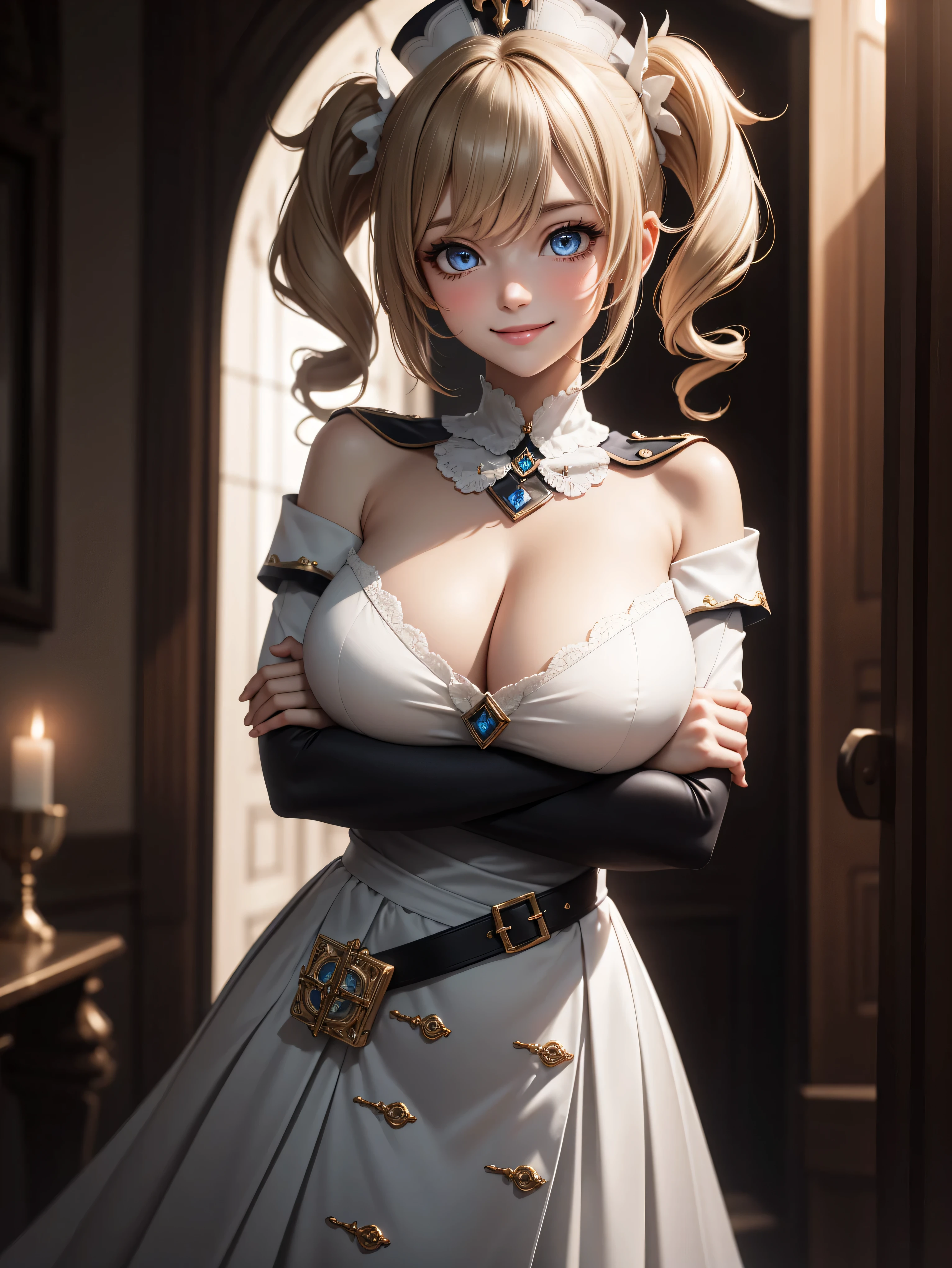 Masterpiece, ultra detail, high quality, 8k cg, huge breast, barbaradef, night, blush, smile, bright eyes, standing, (eyes shining:1.5), detailed upper body, crossed arms,