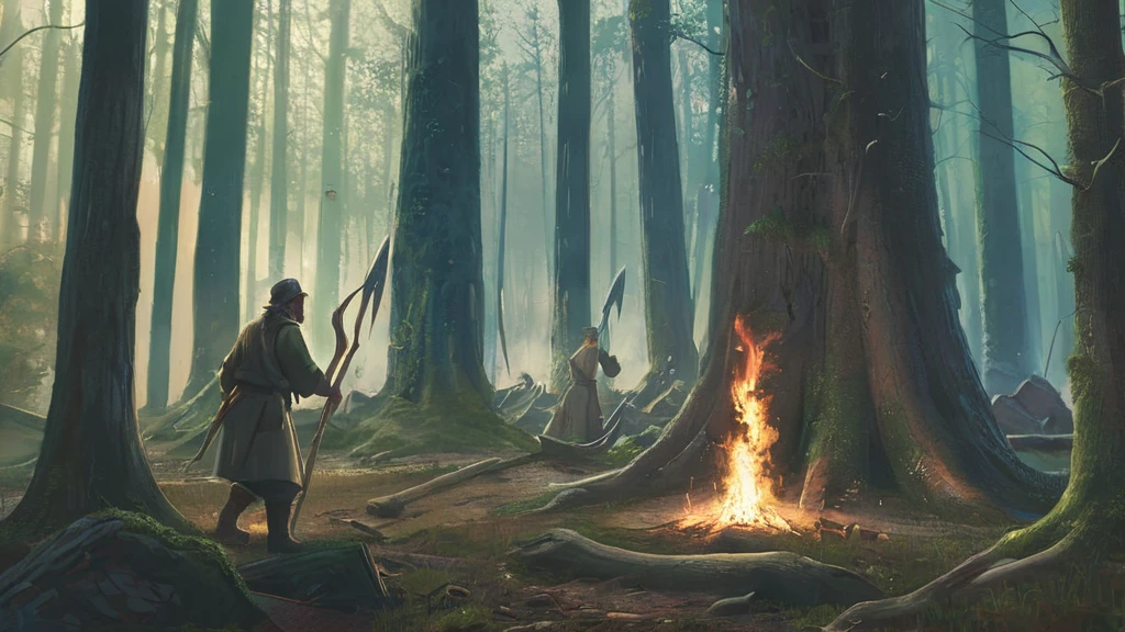 Riccer, having regained consciousness in the unfamiliar forest, looks around and notices a group of men and women calmly chopping firewood with large axes. They work steadily around a small, serene village hidden deep in the woods. Relieved to find that none of his belongings are missing, Riccer carefully tries to stand, making sure not to attract attention.
Surrounding him are two beings who resemble humans but have pale, patterned skin and strikingly beautiful faces. Still shaken and disoriented, Riccer gathers his thoughts and, with a cautious tone, asks them, "Where am I? And who are you?"