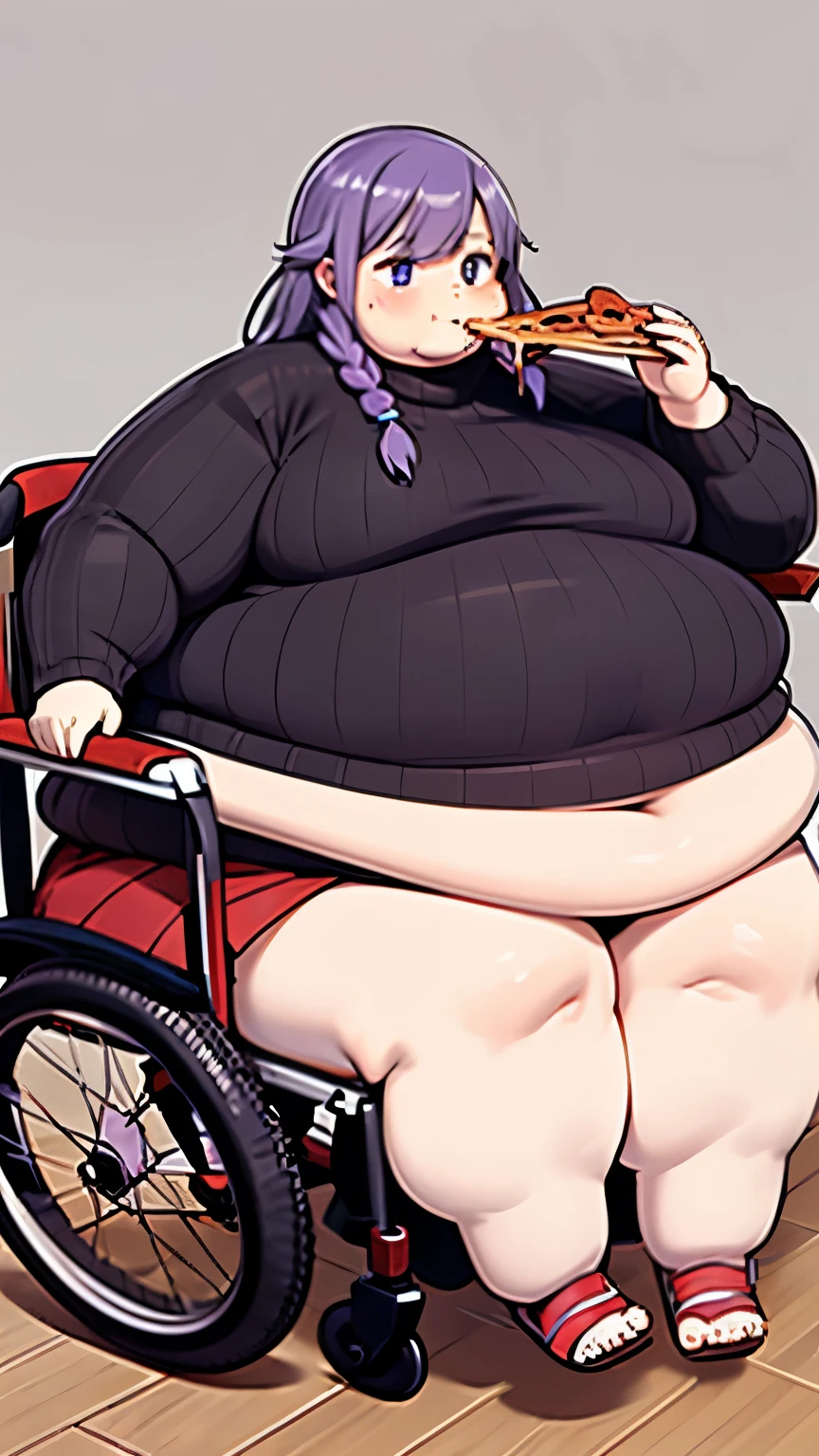 Fat woman, big Belly, very long hair, braids , fat face, purple hair, very wide hips, eating a whole pizza, sitting in an electric wheelchair, wearing a tight skirt, tight sweater, belly sagging, wide waist, very fat neck, fat legs, thick arms