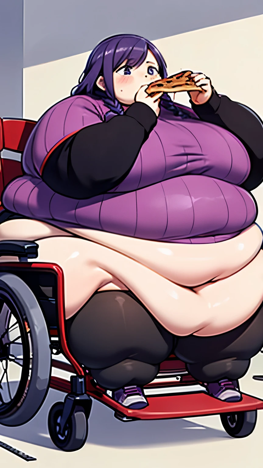 Fat woman, big Belly, very long hair, braids , fat face, purple hair, very wide hips, eating a whole pizza, sitting in an electric wheelchair, wearing a tight skirt, tight sweater, belly sagging, wide waist, very fat neck, fat legs, thick arms