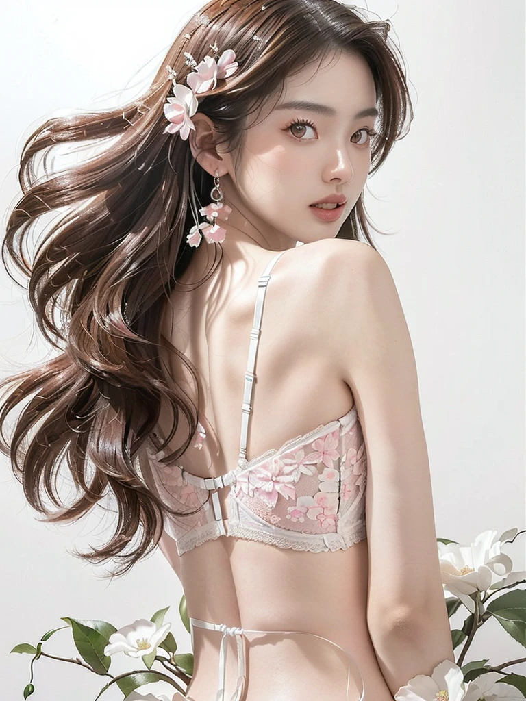 (((Very bright white background 1.5)))、(((High Key Portrait 2.0)))Professional Lighting、(((Professional Lighting 1.5)))、Translucent skin texture、Beautiful Skin、Beautiful Skin、、(((Whitening 1.5)))、、、音符のEcstasy、(((Pure white pink floral bra 1.5)))、High leg、Profile 1.4、See-through。No bra、Mid-shot photo、Simple Earrings、((tea hair))、((Mid-length hair))、Loose wavy hair、sex appeal、Sex Appeal、Ecstasy、(((Mid-shot photo1.5))、(((Dynamic pose 1.85)))、(((sexy pose 1.85)))、(((One woman)1.5))、(((Back shot photo 1.5)))、