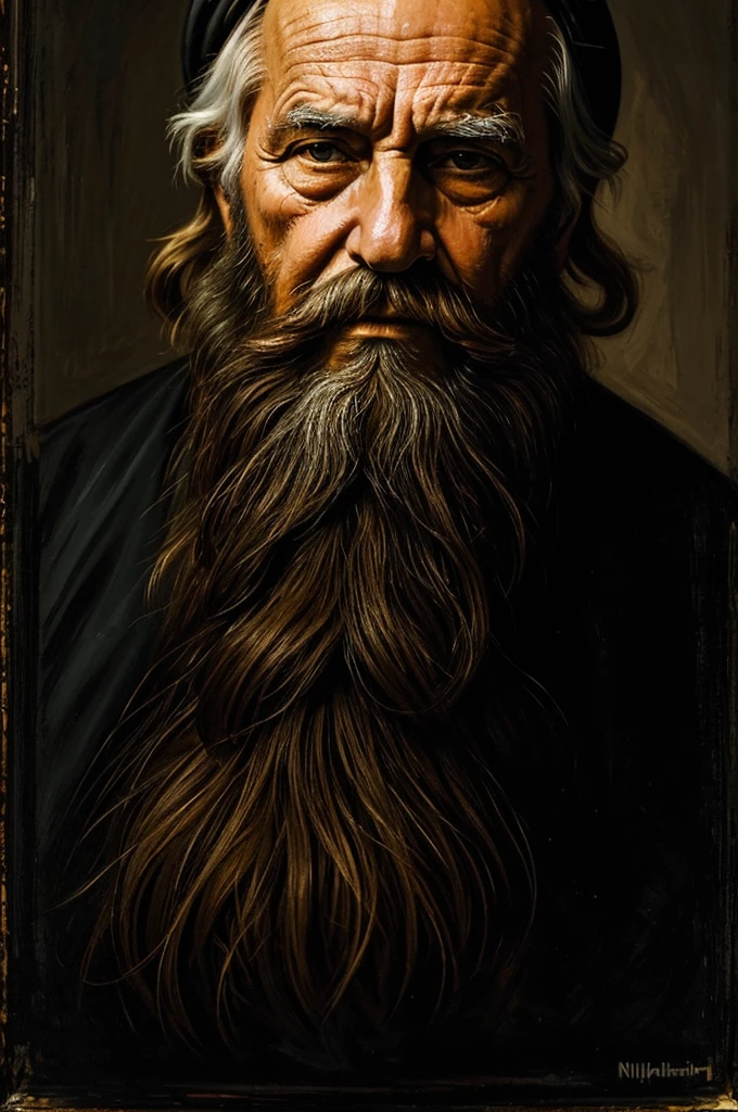 masterpiece, wonderful painting, Baroque, old man face, homeless man with big beard, in warm tones, and high contrast, like coming out of the darkness, half of the face almost black, painting style by Nikolai Nikolaevich,