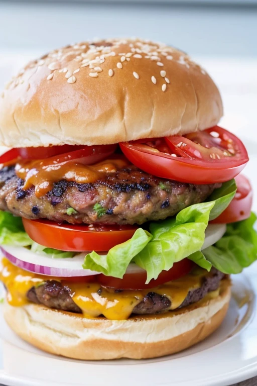 frontal shot of succulent and very high burger with tomato, queso, lots of lettuce, little onion, meat, served on white plate