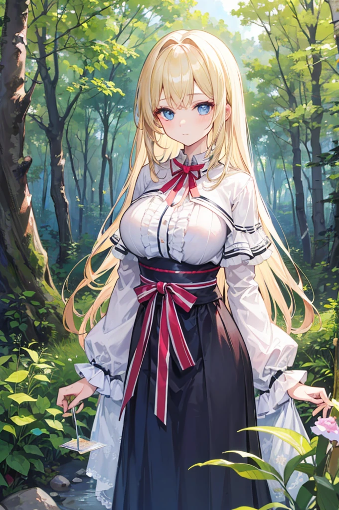 A girl with big ,Alice漫游仙境,fairy tales,((Alice)),Light blond long hair,Blue Eyes,Well-behaved and cute,In the forest,