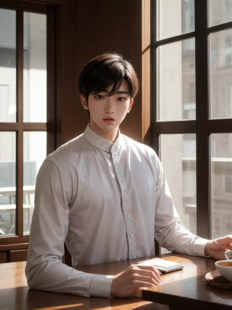 Solo picture, korean handsome man  20-year-old Korean man with pale skin, small facial structure, defined jawline, prominently full lips, intense black eyes, distinguished bangs covering the forehead, noticeably broad shoulders, standing at 1.80m, showcasing his athletic build, reminiscent of Jungkook, sitting at a table drinking coffee in front of a a large glass window people walking around, sunlight reflecting on the table