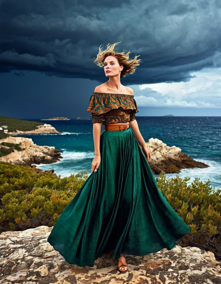 A young woman lies gracefully on the rugged coastline of Ibiza's rural coast, amidst a vibrant yet stormy autumn setting of the 1870s. Her attire consists of a distinctive paisley print off-the-shoulder top and a flowing maxi skirt, both detailed with unique colors and patterns that complement the dramatic autumn scenery. 

The off-the-shoulder top is crafted from a rich, deep emerald green silk with intricate paisley patterns in bronze and ochre. The fabric's sheen reflects the tumultuous light of the stormy sky, while the off-the-shoulder design reveals her collarbones with delicate elegance. The maxi skirt, made from a soft, rust-colored velvet, drapes around her with subtle movement, its luxurious texture contrasting with the stormy, wind-swept environment. The skirt's hem is adorned with a fringe of muted gold, adding a touch of refinement to the flowing fabric.

Her hair is styled in soft, long   brown hair that fall gracefully around her shoulders. The natural waves are slightly tousled by the strong coastal winds, with the occasional strand catching the dim light of the stormy sky. The buzz-cut at the nape of her neck adds a contemporary twist to her otherwise vintage attire. Her skin is a warm tan, with natural imperfections such as freckles and slight blemishes, highlighted by the golden and grey tones of the overcast sky. 

The stormy autumn landscape of the rural Ibiza coast is depicted with vivid colors and dramatic elements. The coastline is rugged and rocky, with cliffs jutting out into the turbulent sea below. The trees, mostly Mediterranean oaks and cypress, are in full autumn splendor, their leaves turning a fiery mix of oranges, reds, and deep browns. The storm has sent many of these leaves swirling through the air, creating a dynamic, swirling dance of color around the woman. The sky is heavily overcast with dark, brooding storm clouds, which intermittently release heavy showers and flashes of lightning, adding a dramatic contrast to the vibrant 