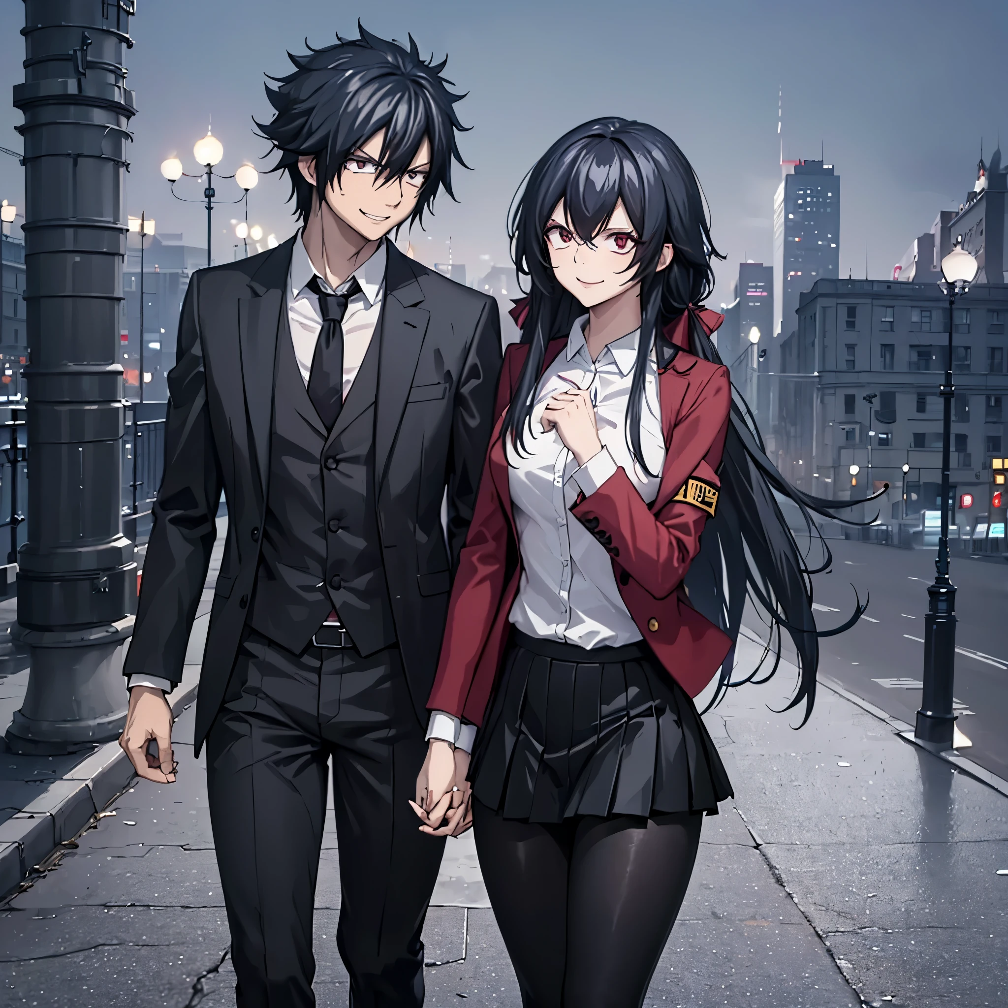 A man together with a woman holding hands Walking on a wide sidewalk overlooking a city at night with illuminated buildings, with perfect lighting, (romantic mood) (holding hands perfectly with coherent fingers), (Azurlane, IJN_Taihou, woman wearing red coat white shirt , black skirt, black tights, smiling red eyes, long black hair) (a man wearing a black suit, Fairy_tail,Gray fullbuster, black pants, black hair, dark blue eyes, smiling) (just a man and woman couple), .shadow, flower , UHD , masterpiece, accurate, anatomically correct, textured skin, super detail, high quality, best quality, 8k, high resolution, bokeh effect.
