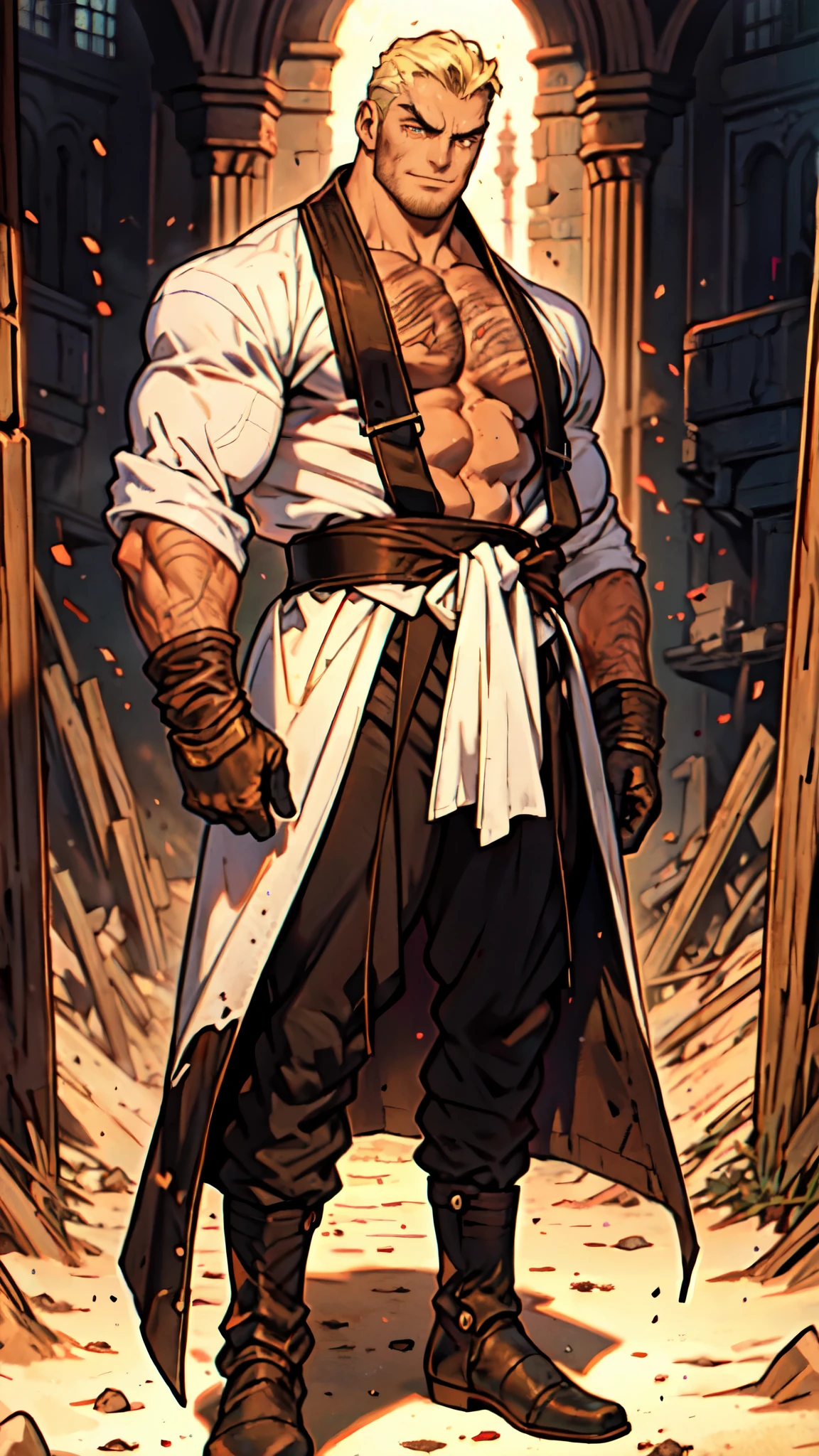 (masterpiece:1.2, best quality:1.2, extremely delicate:1.2), ((male:1.5)), a middle-aged man with slicked-back brown long hair, golden parted bangs, raised thick eyebrows, sharp eyes, rugged features, a full beard, a confident smile, tall and sturdy build, a fantasy martial arts style white open-chest silk coat with a long hem, a yellow shawl, long gloves, a leather belt, canvas trousers, standing in a sunny desert oasis, this character embodies a finely crafted fantasy martial arts style desert ruler in anime style, exquisite and mature manga art style, dramatic, high definition, highres, ultra-detailed, ultra-fine painting, professional, perfect body proportions, golden ratio, anatomically correct, symmetrical face, extremely detailed eyes and face, high quality eyes, creativity, RAW photo, UHD, 32k, Natural light, cinematic lighting, (masterpiece-anatomy-perfect:1.2)