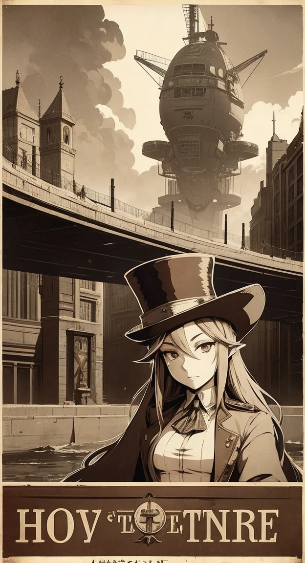 Sophisticated Hylia, hat, steampunk suit, airship, muted colors, red filter, aged photo effect, propaganda poster,
