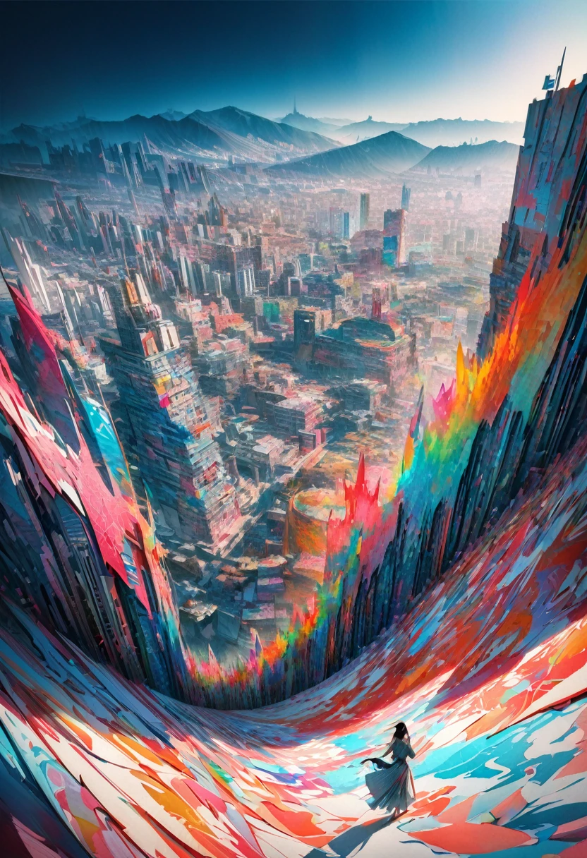 colorful, fusion of watercolors and oil paintings, fusion of paper cutting and shadow puppetry, mix of monochrome and color, conceptual installation pop art, uphill, cityscape, beautiful woman standing on the hill, shading effects, gradation magic effects, (ultra detailed, absolutely resolution, best quality:1.3), 2.5D, delicate and dynamic, artistic photography, hyper realistic, graphic CG digital art
